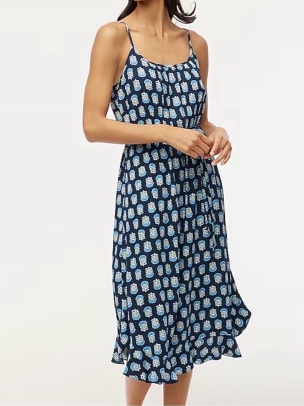 J Crew Factory Ruffle Midi Dress With Curved Hem Blue Scandinavian Print